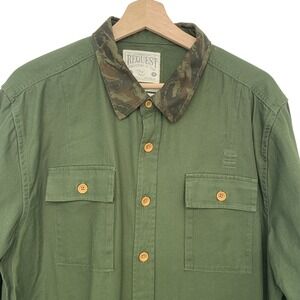 Request Denim Army‎ Green Camo Patches Button Up Shirt XL 100%  Cotton Woven